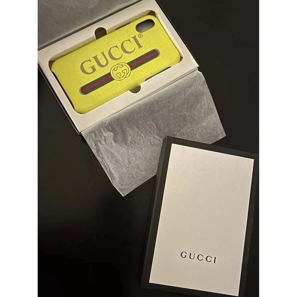 Gucci Spellout Box & Fluorescent Yellow iPhone X Textured Case Retro Logo